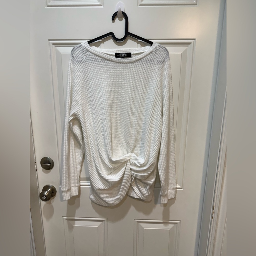 Rewash White Waffle-Knit Twist-Front Crewneck Sweater
